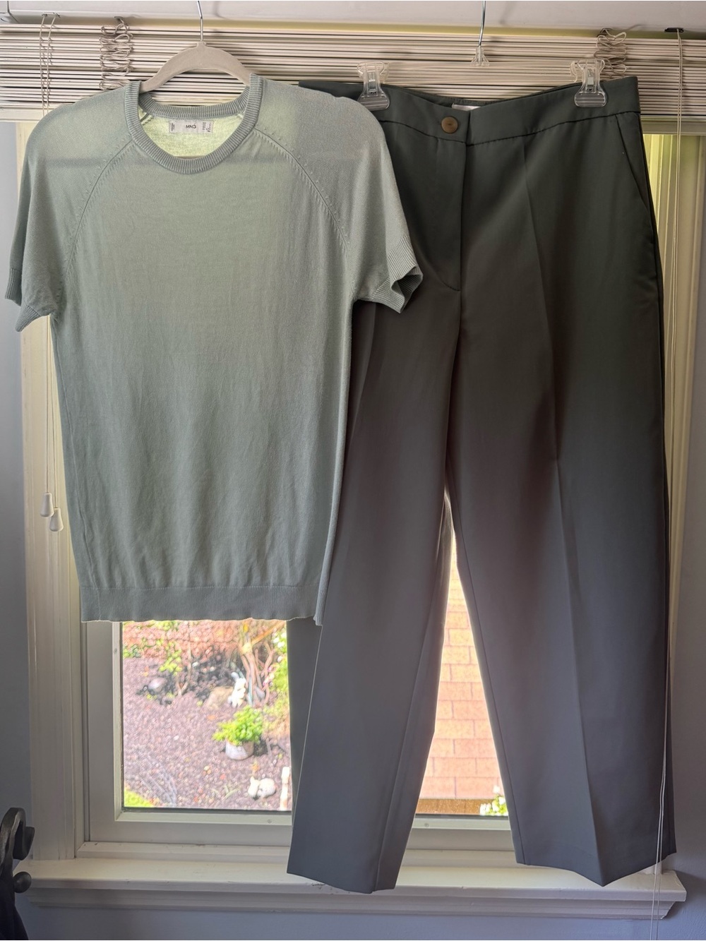 Mango Light Sage Green Knit Tee with Dark Sage Crop Dress Pants